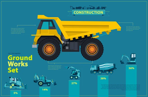 Yellow truck. Blue infographic set, ground works blue machines vehicles. — Stock Vector