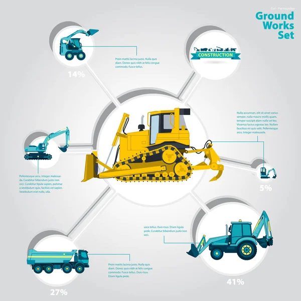 Építőipari gépek infographic nagy csoportja, földi működik gépek. — Stock Vector