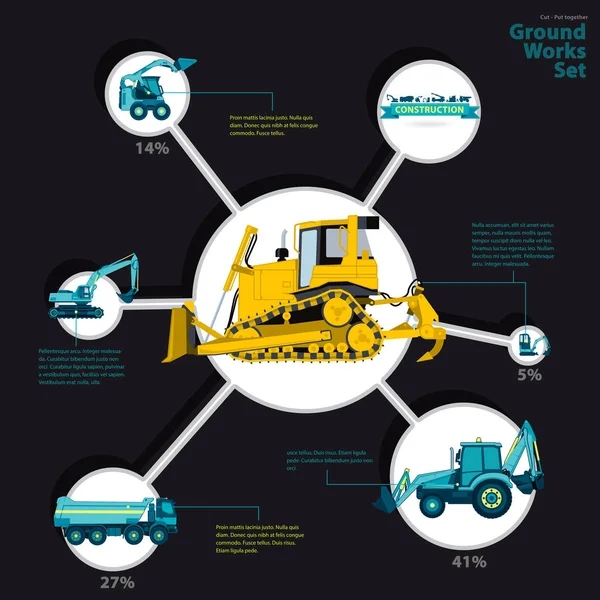 Építőipari gépek infographic nagy csoportja, földi működik gépek. — Stock Vector