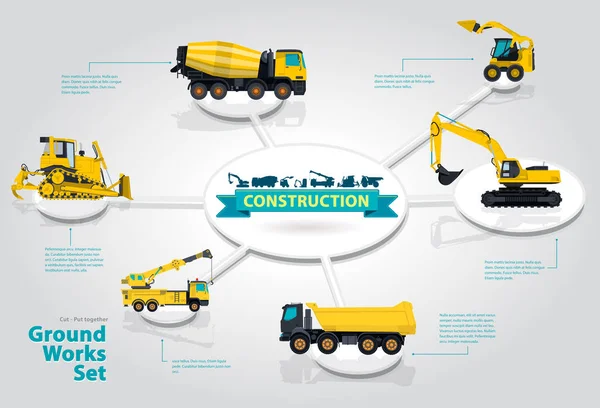 Stavební stroje infografika izometrické sada terénu funguje stroje. — Stockový vektor