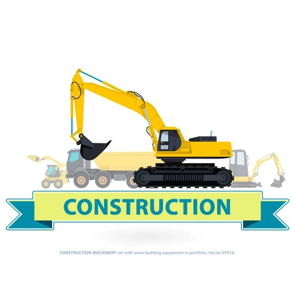 Construction machinery yellow set. Ground works with sign. Machine vehicles. — Stock Vector
