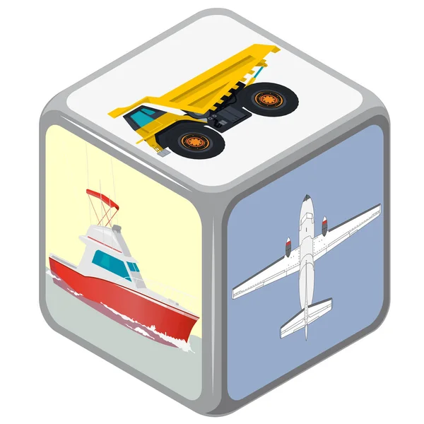 Jugar dados isométricos con medios de transporte, camión, barco, avión, juguete . — Vector de stock