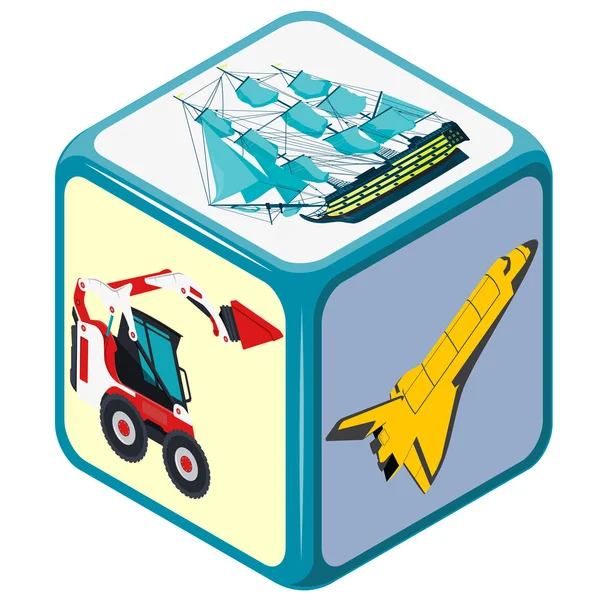 Jeu de dés isométriques avec moyens de transport, camion, bateau, avion, jouet . — Image vectorielle