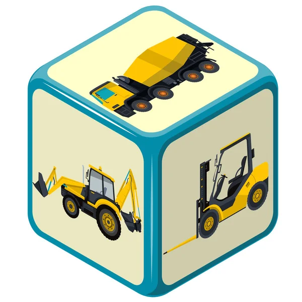 Playing isometric dice with costruction machinery, mix-truck, bagger, excavator, forklift. — Stock Vector