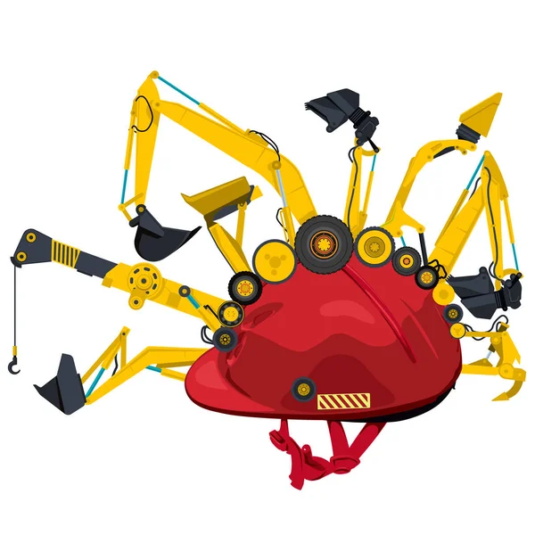 Maquinaria de construcción con casco rojo. Amarillo tierra máquinas vehículos . — Vector de stock