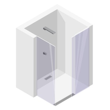 Cam kapı sürgülü ile duş kabinler. Modern beyaz vektör banyo.