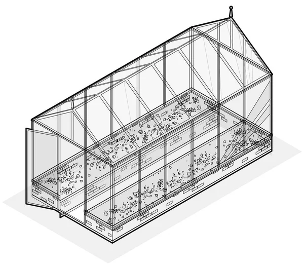 Geschetst isometrische greenhouse met glazen wanden, stichtingen, tuin bed. — Stockvector