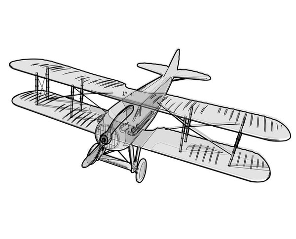 Biplane from World War with black outline. Model aircraft propeller.