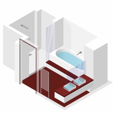 Modern banyo izometrik perspektif içinde ahşap zemin ile. Duş kabinler.