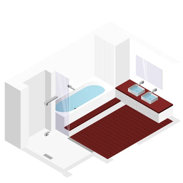 Moderní koupelna s dřevěnou podlahou v izometrické perspektivy. Sprchový kout. — Stockový vektor