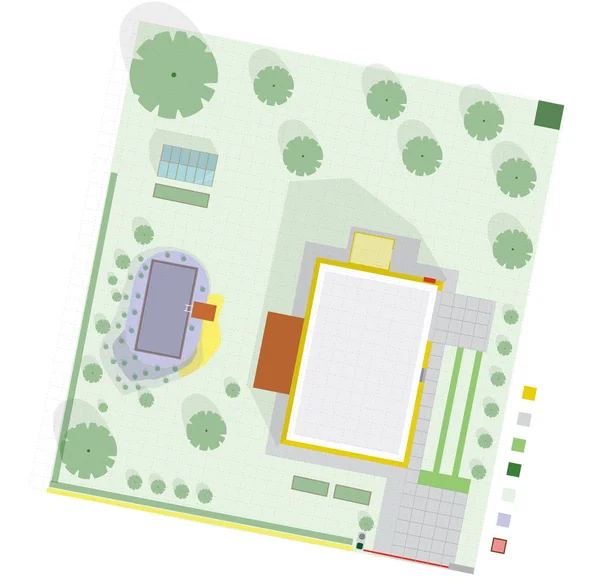 Projet de jardin à la maison familiale dans le plan comprend étang de baignade . — Image vectorielle