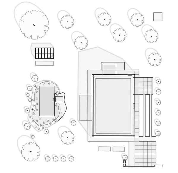 Trädgård projekt vid familjens hem i planen omfattar simning damm. — Stock vektor