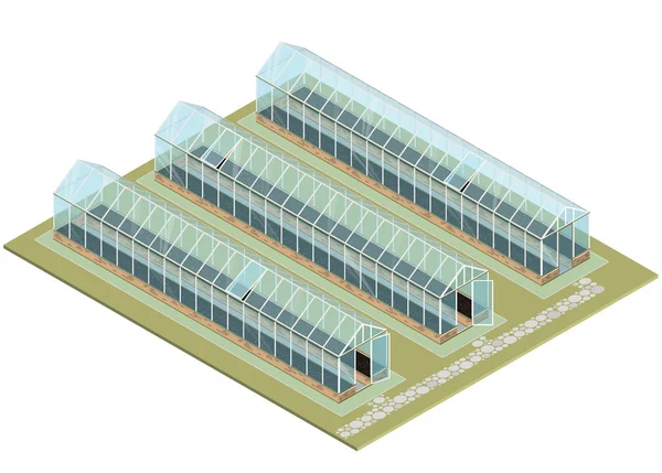 Massa gård. Isometrisk växthus med glasväggar, stiftelser, sadeltak. — Stock vektor