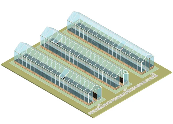 Массовая ферма Изометрическая теплица со стеклянными стенами, фундаментами, фронтальной крышей . — стоковый вектор