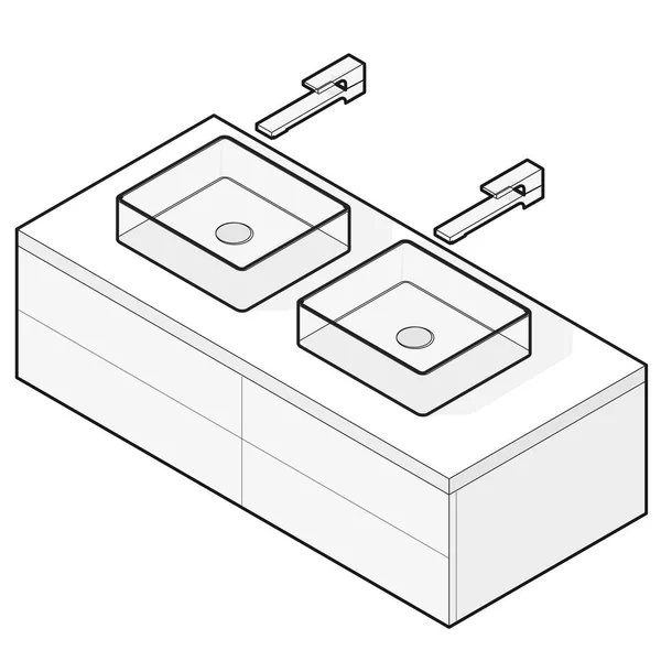 Lavabo del baño. Cuenca isométrica con grifo. Elemento infográfico interior delineado . — Vector de stock