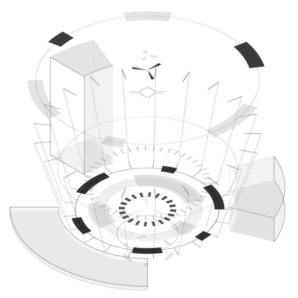 Abstrakte runde Komposition mit Kreisen in isometrischer Perspektive. transparenter Monitor. — Stockvektor