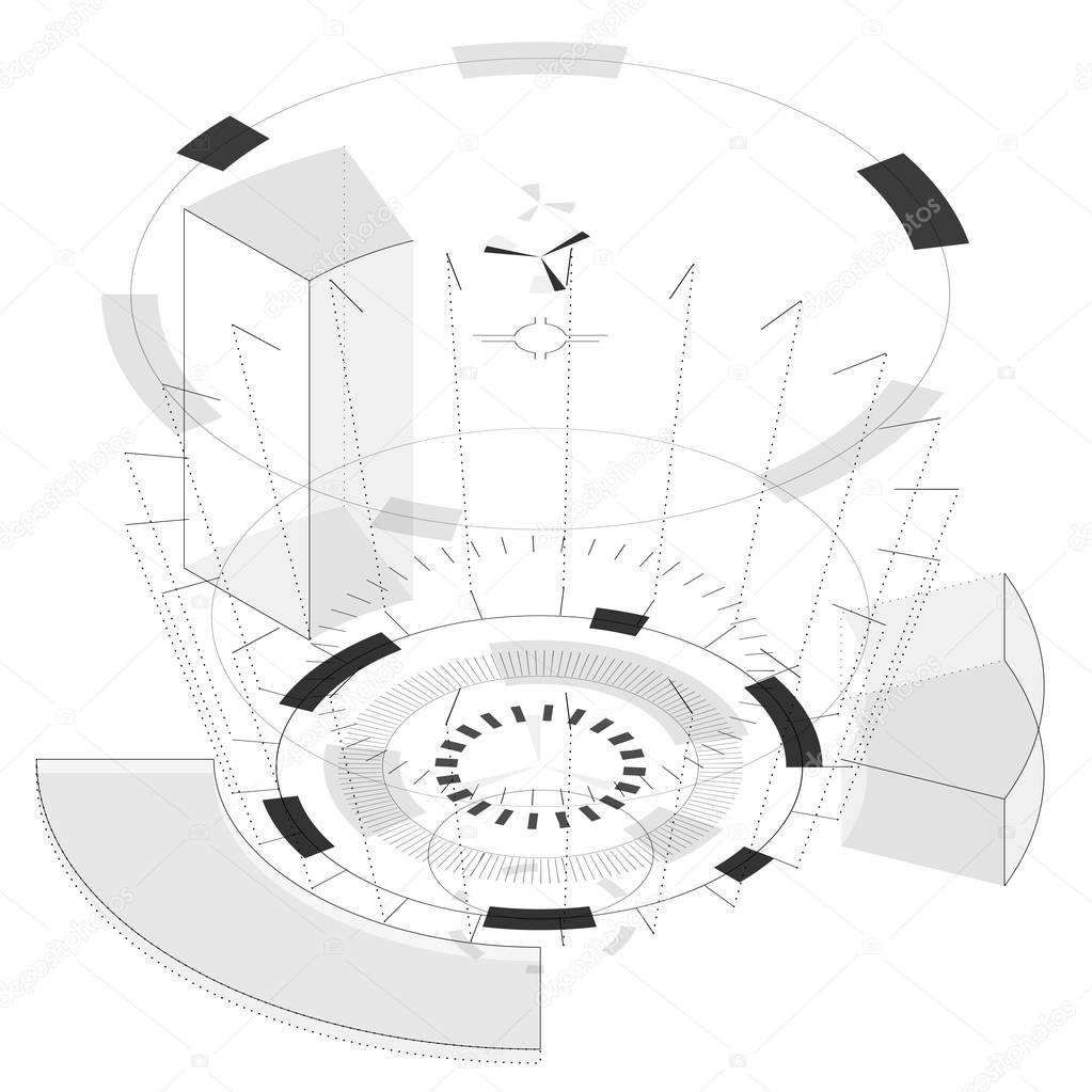 Abstract round composition with circles in isometric perspective. Transparent monitor.