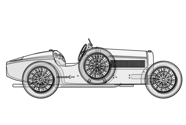 Oude racewagen Bugatti in contour lijnen volgens schema. — Stockvector