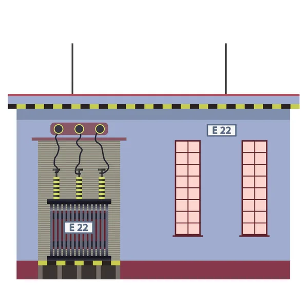 Transformador elétrico 2D edifício info gráfico. Central eléctrica de alta tensão . —  Vetores de Stock