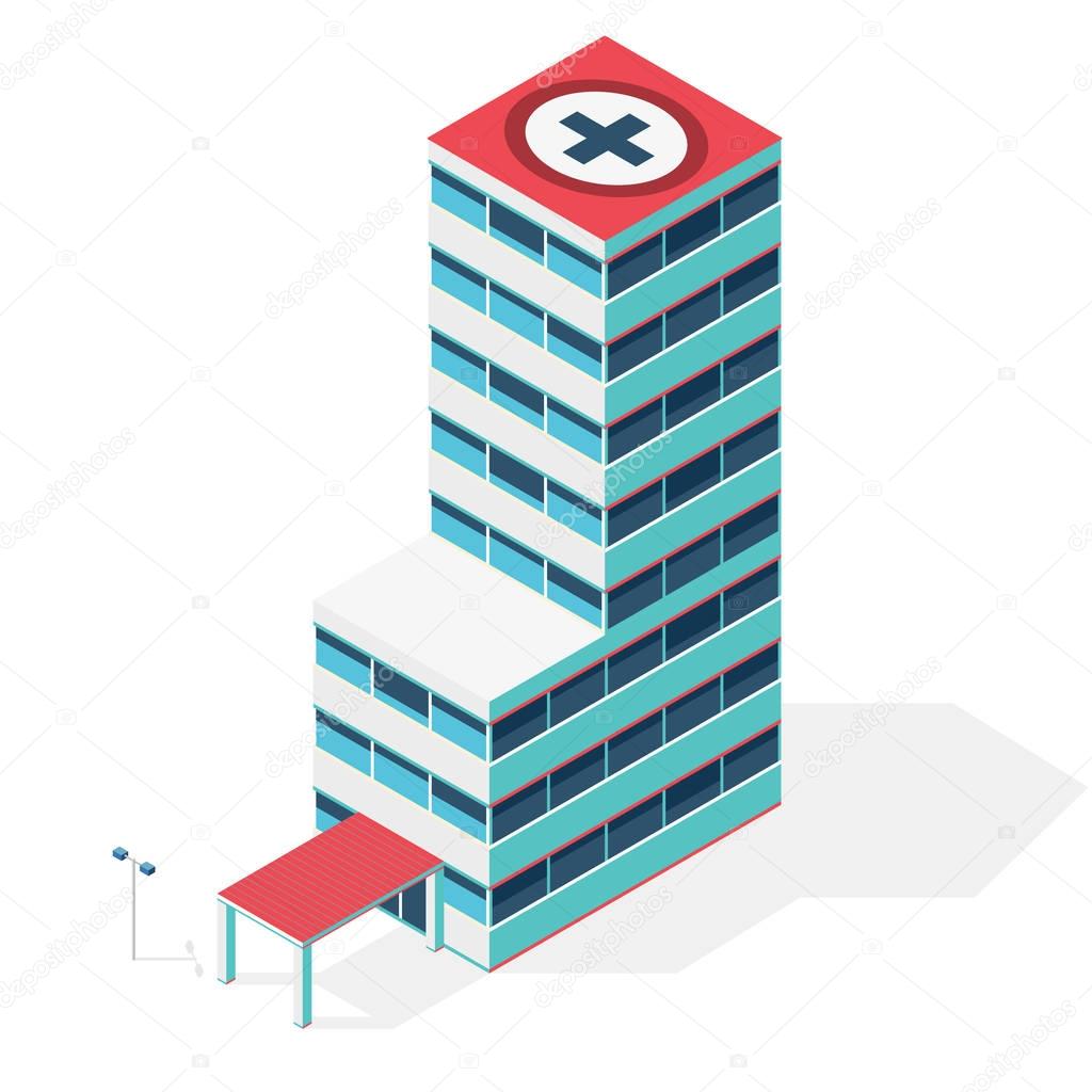 Medical isometric building. Hospital isometric building isolated on white background.