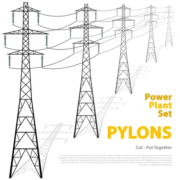 Vector high voltage pylons, white background. Isolated power line pylons. — Stock Vector