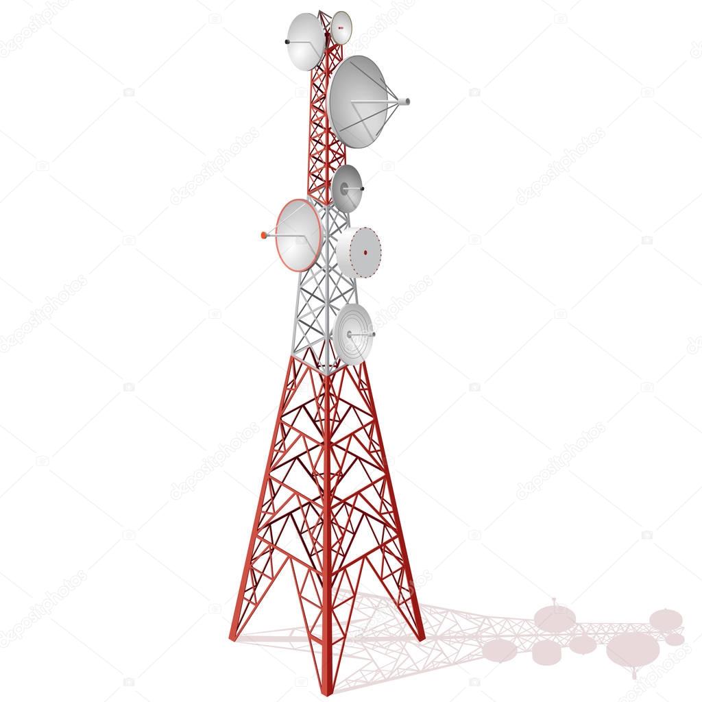 Vector satellite tower in isometric perspective isolated on white background. Transmission Tower telephone and television signals. Red-white communications tower.