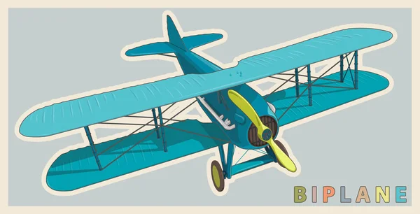 Biplan bleu dans le vintage et la stylisation des couleurs. Modèle d'hélice d'avion . — Image vectorielle