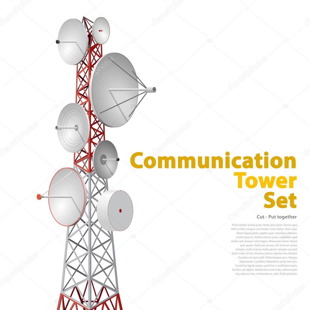 Vector satellite tower in isometric perspective isolated on white background. Red-white communications tower with typography layout. Detail of transmission Tower telephone and television signals.