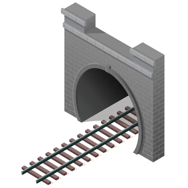 Vector låg-poly järnvägstunnel, isometrisk 3d-perspektiv. Gamla stenhus. — Stock vektor