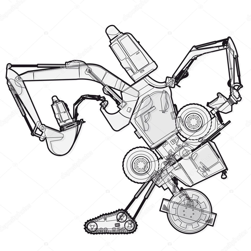 Bizarre outlined machine robot build from ground works components vehicles.