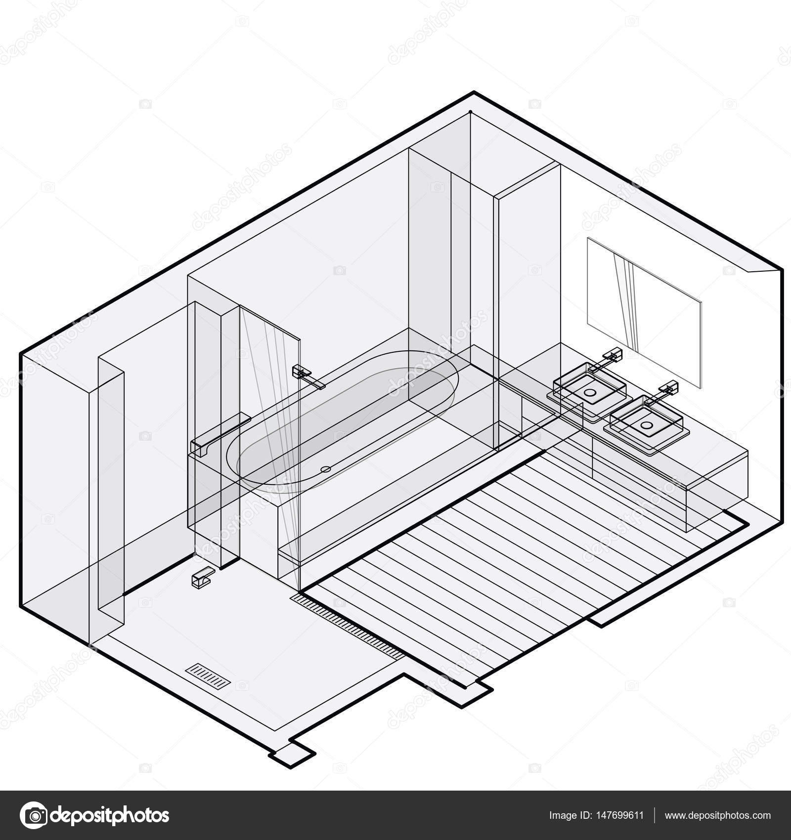 Modern Bathroom With Wooden Floor Isometric Perspective Outlined