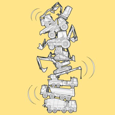 Tower assembled from building machines. Ground works. Outlined construction machinery. clipart
