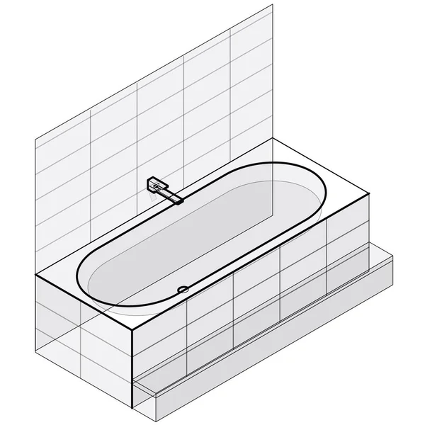 Moderna bañera llena de agua. Bañera vectorial isométrica delineada . — Vector de stock