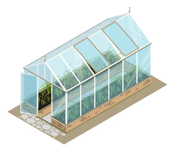 Isometric greenhouse with glass walls, foundations, gable roof, garden bed. — Stock Vector