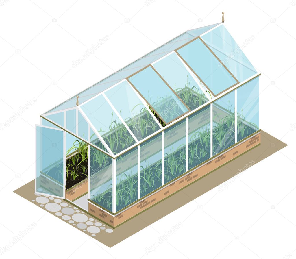 Isometric greenhouse with glass walls, foundations, gable roof, garden bed.