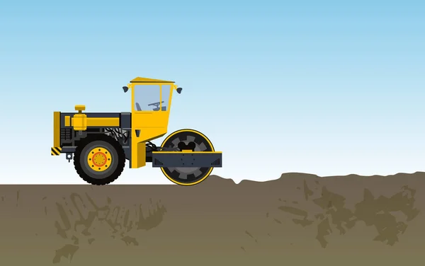 Διπλός δονητικός οδοστρωτήρας είναι έλασης πηλό. Κίτρινο roadroller χτίζει δρόμους. — Διανυσματικό Αρχείο