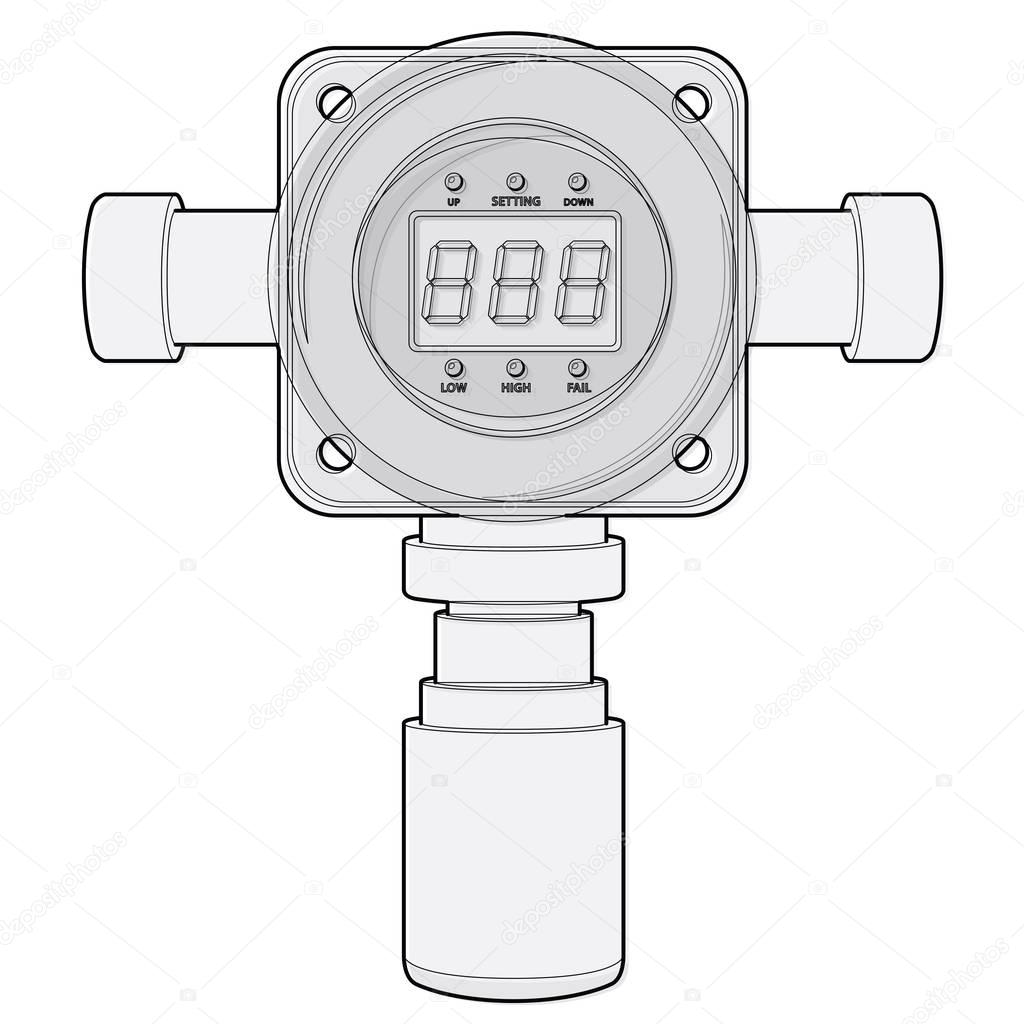 Vector gas detector. Outlined gas meter with digital LCD display.