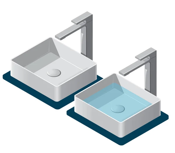 Dos lavabos. Cuenca isométrica con grifo. Cocina interior elemento infográfico . — Vector de stock