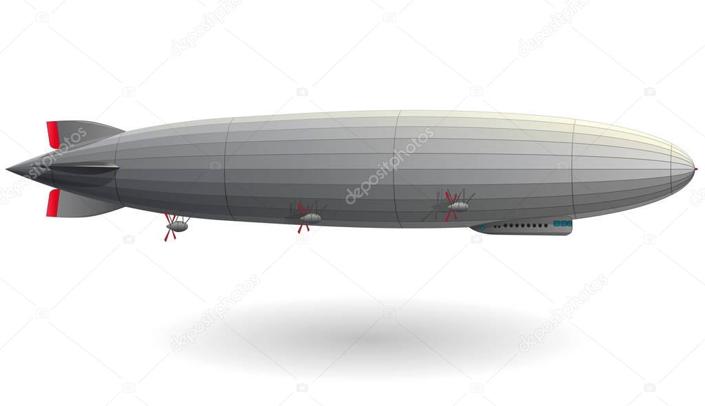 Legendary zeppelin airship. Stylized flying balloon. Dirigible with rudder and propellers.