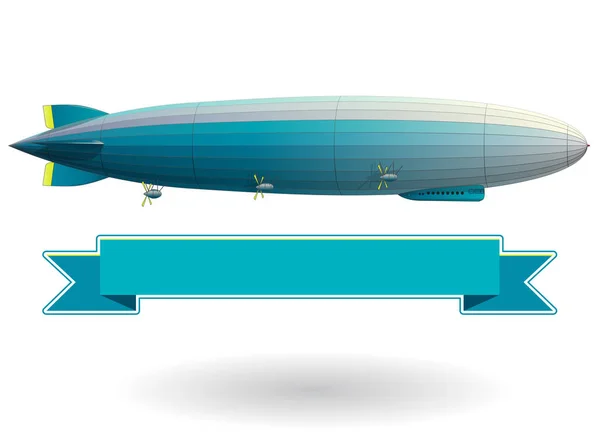 Legendario dirigible zepelín. Globo volador estilizado azul. Dirigible con timón y hélices . — Vector de stock