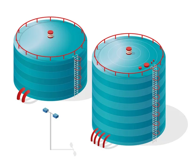 Water reservoir isometric building info graphic. Blue water reservoir supply. — Stock Vector