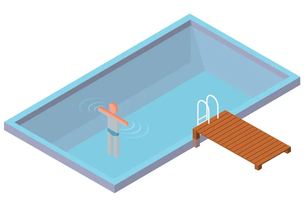 Isometrische wimming zwembad met zwemmer op witte achtergrond. — Stockvector