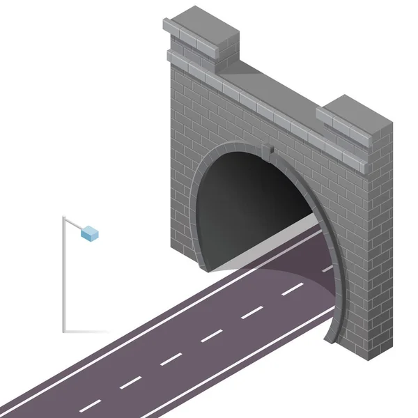 Vektor nízké poly kamenný tunel v izometrické 3d pohledu s asfaltovou silnici. — Stockový vektor