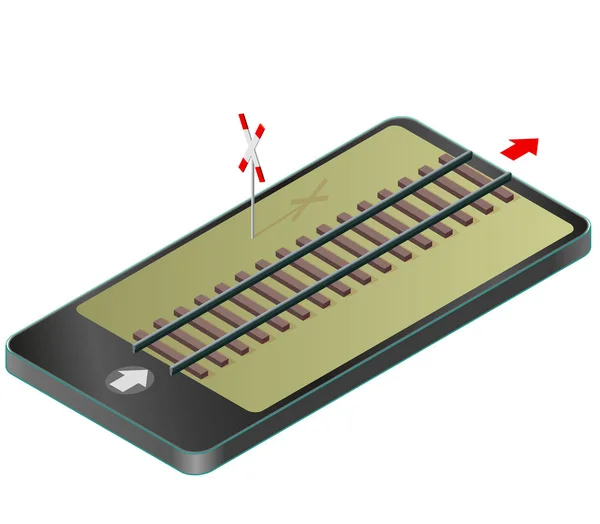 Isometrische Eisenbahn im Mobiltelefon. Schienenverkehr in der Kommunikationstechnologie, paraphrase. — Stockvektor