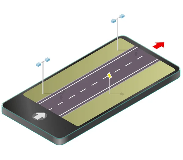 Strada isometrica nel telefono cellulare. Trasporti su strada nelle tecnologie della comunicazione, parafrasi . — Vettoriale Stock