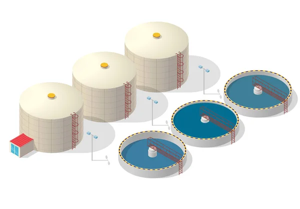 Traitement de l'eau isométrique bâtiment infographie, grand purificateur de bactérie sur fond blanc . — Image vectorielle