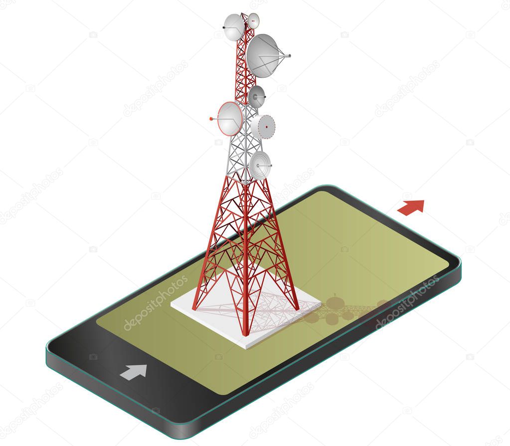 Vector satellite tower in mobile phone, transmission isometric tower.