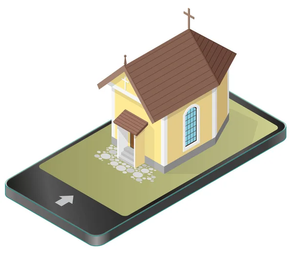 Vector christelijke kerkje in mobiele telefoon, in isometrisch perspectief. — Stockvector