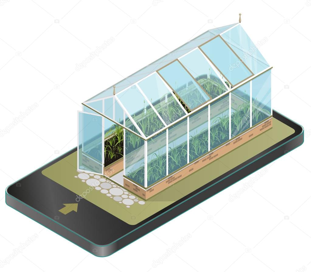 Vector isometric greenhouse with glass walls in mobile phone, isometric perspective.