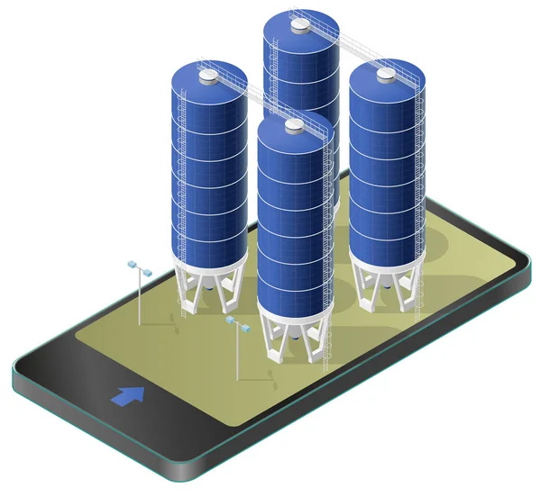 Hareket eden telefon, izometrik perspektif içinde bina tahıl silosu izometrik.
